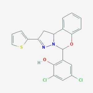 molecular formula C20H14Cl2N2O2S B407340 2,4-DI-CL-6(2-(2-Thienyl)1,10B-dihydropyrazolo(1,5-C)(1,3)benzoxazin-5-YL)phenol 