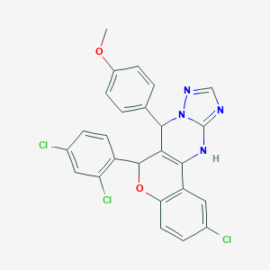 molecular formula C25H17Cl3N4O2 B407359 2-chloro-6-(2,4-dichlorophenyl)-7-[4-(methyloxy)phenyl]-7,12-dihydro-6H-chromeno[4,3-d][1,2,4]triazolo[1,5-a]pyrimidine 