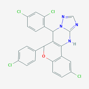 molecular formula C24H14Cl4N4O B407360 2-chloro-6-(4-chlorophenyl)-7-(2,4-dichlorophenyl)-7,12-dihydro-6H-chromeno[4,3-d][1,2,4]triazolo[1,5-a]pyrimidine 