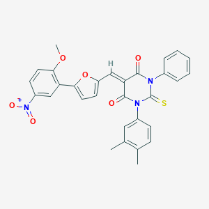 molecular formula C30H23N3O6S B407362 1-(3,4-dimethylphenyl)-5-[(5-{5-nitro-2-methoxyphenyl}-2-furyl)methylene]-3-phenyl-2-thioxodihydro-4,6(1H,5H)-pyrimidinedione 