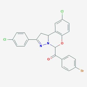 molecular formula C23H15BrCl2N2O2 B407368 (4-Bromophenyl)[9-chloro-2-(4-chlorophenyl)-1,10b-dihydropyrazolo[1,5-c][1,3]benzoxazin-5-yl]methanone 