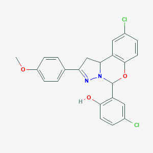 molecular formula C23H18Cl2N2O3 B407398 4-Chloro-2-{9-chloro-2-[4-(methyloxy)phenyl]-1,10b-dihydropyrazolo[1,5-c][1,3]benzoxazin-5-yl}phenol 