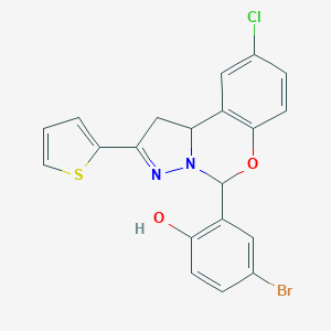 molecular formula C20H14BrClN2O2S B407408 4-Bromo-2-[9-chloro-2-(2-thienyl)-1,10b-dihydropyrazolo[1,5-c][1,3]benzoxazin-5-yl]phenol 