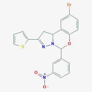 molecular formula C20H14BrN3O3S B407415 9-Bromo-5-(3-nitrophenyl)-2-(thiophen-2-yl)-1,10b-dihydropyrazolo[1,5-c][1,3]benzoxazine CAS No. 332063-19-1