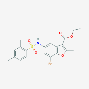 molecular formula C20H20BrNO5S B407491 Ethyl 7-bromo-5-{[(2,4-dimethylphenyl)sulfonyl]amino}-2-methyl-1-benzofuran-3-carboxylate 