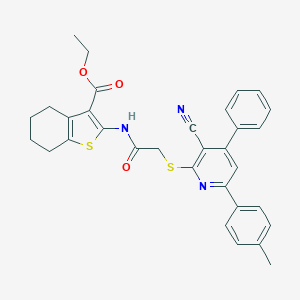 molecular formula C32H29N3O3S2 B407530 Ethyl 2-[({[3-cyano-6-(4-methylphenyl)-4-phenyl-2-pyridinyl]sulfanyl}acetyl)amino]-4,5,6,7-tetrahydro-1-benzothiophene-3-carboxylate 