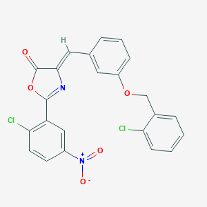 molecular formula C23H14Cl2N2O5 B407536 4-{3-[(2-chlorobenzyl)oxy]benzylidene}-2-{2-chloro-5-nitrophenyl}-1,3-oxazol-5(4H)-one 