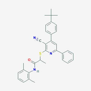 molecular formula C33H33N3OS B407566 2-{[4-(4-tert-butylphenyl)-3-cyano-6-phenyl-2-pyridinyl]sulfanyl}-N-(2,6-dimethylphenyl)propanamide 
