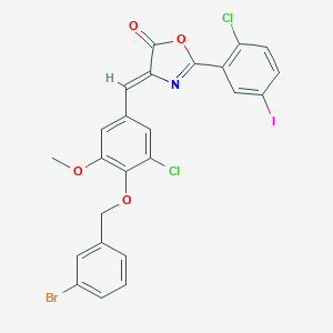 molecular formula C24H15BrCl2INO4 B407586 4-{4-[(3-bromobenzyl)oxy]-3-chloro-5-methoxybenzylidene}-2-(2-chloro-5-iodophenyl)-1,3-oxazol-5(4H)-one 