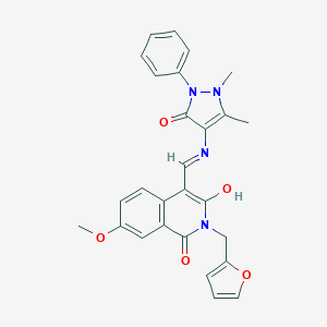 molecular formula C27H24N4O5 B407626 4-[[(1,5-Dimethyl-3-oxo-2-phenyl-4-pyrazolyl)amino]methylidene]-2-(2-furanylmethyl)-7-methoxyisoquinoline-1,3-dione 