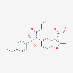 molecular formula C23H25NO6S B407676 5-{ブチリル[(4-エチルフェニル)スルホニル]アミノ}-2-メチル-1-ベンゾフラン-3-カルボン酸メチル CAS No. 448213-52-3