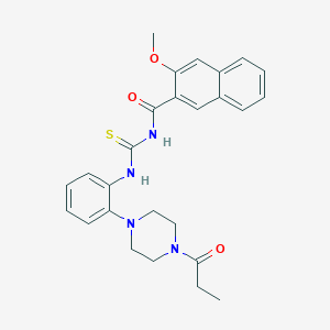 molecular formula C26H28N4O3S B4077709 3-methoxy-N-({[2-(4-propionyl-1-piperazinyl)phenyl]amino}carbonothioyl)-2-naphthamide 