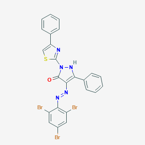 molecular formula C24H14Br3N5OS B407790 (4Z)-5-phenyl-2-(4-phenyl-1,3-thiazol-2-yl)-4-[2-(2,4,6-tribromophenyl)hydrazinylidene]-2,4-dihydro-3H-pyrazol-3-one 