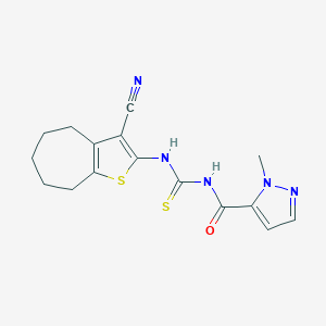 molecular formula C16H17N5OS2 B407844 N-(3-cyano-5,6,7,8-tetrahydro-4H-cyclohepta[b]thien-2-yl)-N'-[(1-methyl-1H-pyrazol-5-yl)carbonyl]thiourea 