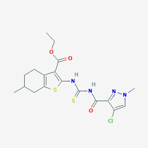 molecular formula C18H21ClN4O3S2 B407852 ethyl 2-({[(4-chloro-1-methyl-1H-pyrazol-3-yl)carbonyl]carbamothioyl}amino)-6-methyl-4,5,6,7-tetrahydro-1-benzothiophene-3-carboxylate 