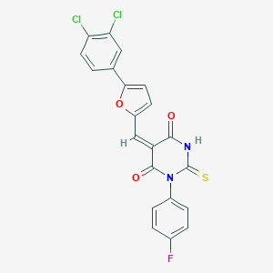 molecular formula C21H11Cl2FN2O3S B407945 5-{[5-(3,4-dichlorophenyl)-2-furyl]methylene}-1-(4-fluorophenyl)-2-thioxodihydro-4,6(1H,5H)-pyrimidinedione 