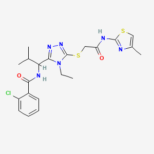 molecular formula C21H25ClN6O2S2 B4079496 2-chloro-N-{1-[4-ethyl-5-({2-[(4-methyl-1,3-thiazol-2-yl)amino]-2-oxoethyl}thio)-4H-1,2,4-triazol-3-yl]-2-methylpropyl}benzamide 