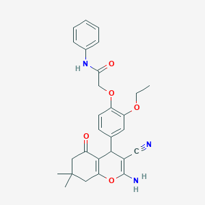 molecular formula C28H29N3O5 B407975 2-[4-(2-amino-3-cyano-7,7-dimethyl-5-oxo-6,8-dihydro-4H-chromen-4-yl)-2-ethoxyphenoxy]-N-phenylacetamide CAS No. 332053-41-5