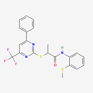 molecular formula C21H18F3N3OS2 B4080215 N-[2-(methylthio)phenyl]-2-{[4-phenyl-6-(trifluoromethyl)-2-pyrimidinyl]thio}propanamide 