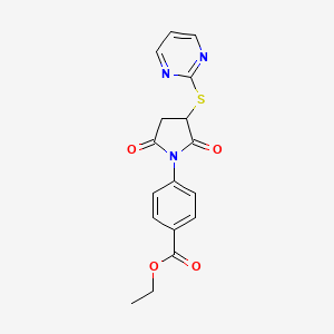 molecular formula C17H15N3O4S B4080265 ethyl 4-[2,5-dioxo-3-(2-pyrimidinylthio)-1-pyrrolidinyl]benzoate 