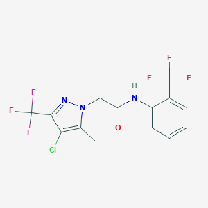 molecular formula C14H10ClF6N3O B408038 2-[4-chloro-5-methyl-3-(trifluoromethyl)-1H-pyrazol-1-yl]-N-[2-(trifluoromethyl)phenyl]acetamide 