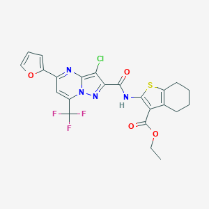 molecular formula C23H18ClF3N4O4S B408040 Ethyl 2-({[3-chloro-5-(2-furyl)-7-(trifluoromethyl)pyrazolo[1,5-a]pyrimidin-2-yl]carbonyl}amino)-4,5,6,7-tetrahydro-1-benzothiophene-3-carboxylate 