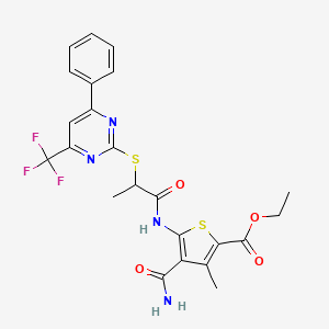 molecular formula C23H21F3N4O4S2 B4080447 ethyl 4-(aminocarbonyl)-3-methyl-5-[(2-{[4-phenyl-6-(trifluoromethyl)-2-pyrimidinyl]thio}propanoyl)amino]-2-thiophenecarboxylate 
