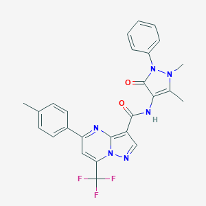 molecular formula C26H21F3N6O2 B408051 N-(1,5-dimethyl-3-oxo-2-phenyl-2,3-dihydro-1H-pyrazol-4-yl)-5-(4-methylphenyl)-7-(trifluoromethyl)pyrazolo[1,5-a]pyrimidine-3-carboxamide 