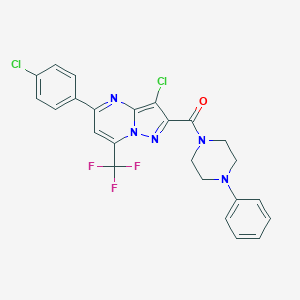 molecular formula C24H18Cl2F3N5O B408052 3-Chloro-5-(4-chlorophenyl)-2-[(4-phenyl-1-piperazinyl)carbonyl]-7-(trifluoromethyl)pyrazolo[1,5-a]pyrimidine 