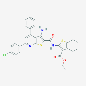 molecular formula C31H26ClN3O3S2 B408060 Ethyl 2-({[3-amino-6-(4-chlorophenyl)-4-phenylthieno[2,3-b]pyridin-2-yl]carbonyl}amino)-4,5,6,7-tetrahydro-1-benzothiophene-3-carboxylate 