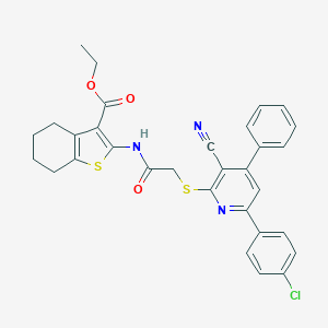 molecular formula C31H26ClN3O3S2 B408063 Ethyl 2-[({[6-(4-chlorophenyl)-3-cyano-4-phenyl-2-pyridinyl]sulfanyl}acetyl)amino]-4,5,6,7-tetrahydro-1-benzothiophene-3-carboxylate 