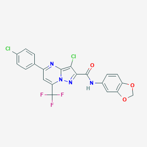molecular formula C21H11Cl2F3N4O3 B408065 N-(1,3-benzodioxol-5-yl)-3-chloro-5-(4-chlorophenyl)-7-(trifluoromethyl)pyrazolo[1,5-a]pyrimidine-2-carboxamide 