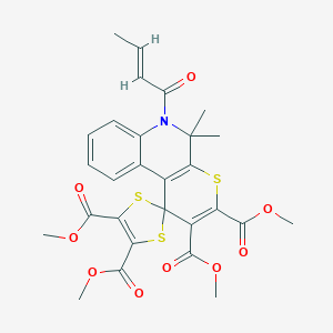 molecular formula C28H27NO9S3 B408070 (E)-tetramethyl 6'-(but-2-enoyl)-5',5'-dimethyl-5',6'-dihydrospiro[[1,3]dithiole-2,1'-thiopyrano[2,3-c]quinoline]-2',3',4,5-tetracarboxylate 