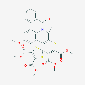 molecular formula C32H29NO10S3 B408076 Tetramethyl 6'-benzoyl-9'-methoxy-5',5'-dimethyl-5',6'-dihydrospiro[1,3-dithiole-2,1'-thiopyrano[2,3-c]quinoline]-2',3',4,5-tetracarboxylate 