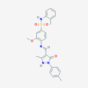 molecular formula C26H26N4O4S B408123 3-methoxy-4-({(E)-[3-methyl-1-(4-methylphenyl)-5-oxo-1,5-dihydro-4H-pyrazol-4-ylidene]methyl}amino)-N-(2-methylphenyl)benzenesulfonamide 