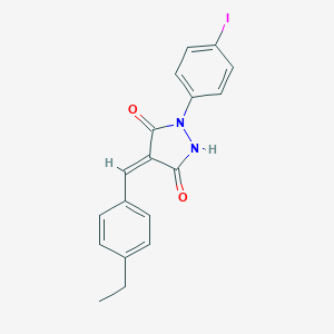 molecular formula C18H15IN2O2 B408148 (4E)-4-[(4-ethylphenyl)methylidene]-1-(4-iodophenyl)pyrazolidine-3,5-dione 