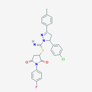 molecular formula C27H22ClFN4O2S B408154 1-(4-fluorophenyl)-2,5-dioxo-3-pyrrolidinyl 5-(4-chlorophenyl)-3-(4-methylphenyl)-4,5-dihydro-1H-pyrazole-1-carbimidothioate 