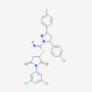 molecular formula C27H21Cl3N4O2S B408161 1-(3,5-dichlorophenyl)-2,5-dioxo-3-pyrrolidinyl 5-(4-chlorophenyl)-3-(4-methylphenyl)-4,5-dihydro-1H-pyrazole-1-carbimidothioate 