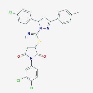 molecular formula C27H21Cl3N4O2S B408163 1-(3,4-dichlorophenyl)-2,5-dioxo-3-pyrrolidinyl 5-(4-chlorophenyl)-3-(4-methylphenyl)-4,5-dihydro-1H-pyrazole-1-carbimidothioate 