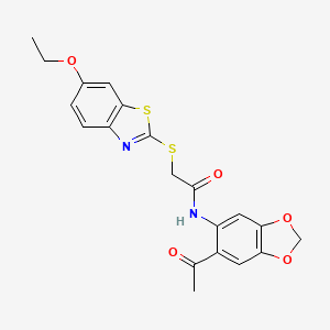molecular formula C20H18N2O5S2 B4081894 N-(6-acetyl-1,3-benzodioxol-5-yl)-2-[(6-ethoxy-1,3-benzothiazol-2-yl)thio]acetamide 