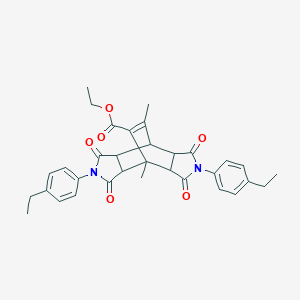 molecular formula C33H34N2O6 B408192 Ethyl 4,10-bis(4-ethylphenyl)-1,14-dimethyl-3,5,9,11-tetraoxo-4,10-diazatetracyclo[5.5.2.0~2,6~.0~8,12~]tetradec-13-ene-13-carboxylate 