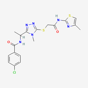 molecular formula C18H19ClN6O2S2 B4082082 4-chloro-N-{1-[4-methyl-5-({2-[(4-methyl-1,3-thiazol-2-yl)amino]-2-oxoethyl}thio)-4H-1,2,4-triazol-3-yl]ethyl}benzamide 