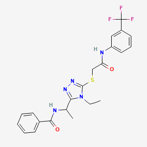 molecular formula C22H22F3N5O2S B4082282 N-(1-{4-ethyl-5-[(2-oxo-2-{[3-(trifluoromethyl)phenyl]amino}ethyl)thio]-4H-1,2,4-triazol-3-yl}ethyl)benzamide 