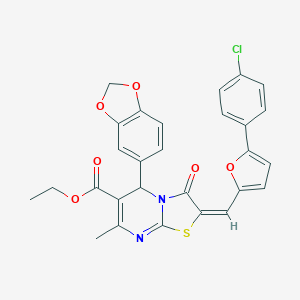 molecular formula C28H21ClN2O6S B408297 ethyl (2E)-5-(1,3-benzodioxol-5-yl)-2-[[5-(4-chlorophenyl)furan-2-yl]methylidene]-7-methyl-3-oxo-5H-[1,3]thiazolo[3,2-a]pyrimidine-6-carboxylate 