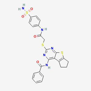 molecular formula C24H21N5O4S3 B4083136 N-{2-[(2-{[4-(aminosulfonyl)phenyl]amino}-2-oxoethyl)thio]-6,7-dihydro-5H-cyclopenta[4,5]thieno[2,3-d]pyrimidin-4-yl}benzamide 