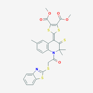 molecular formula C28H24N2O5S5 B408323 dimethyl 2-(1-[(1,3-benzothiazol-2-ylsulfanyl)acetyl]-2,2,6-trimethyl-3-thioxo-2,3-dihydro-4(1H)-quinolinylidene)-1,3-dithiole-4,5-dicarboxylate 