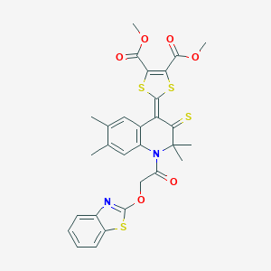 molecular formula C29H26N2O6S4 B408331 dimethyl 2-{1-[(1,3-benzothiazol-2-yloxy)acetyl]-2,2,6,7-tetramethyl-3-thioxo-2,3-dihydroquinolin-4(1H)-ylidene}-1,3-dithiole-4,5-dicarboxylate 