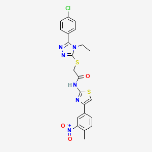 molecular formula C22H19ClN6O3S2 B4083382 2-{[5-(4-chlorophenyl)-4-ethyl-4H-1,2,4-triazol-3-yl]thio}-N-[4-(4-methyl-3-nitrophenyl)-1,3-thiazol-2-yl]acetamide 