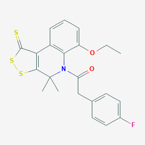 molecular formula C22H20FNO2S3 B408340 1-(6-Ethoxy-4,4-dimethyl-1-sulfanylidenedithiolo[3,4-c]quinolin-5-yl)-2-(4-fluorophenyl)ethanone CAS No. 332019-90-6