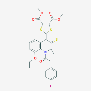 molecular formula C28H26FNO6S3 B408346 dimethyl 2-(8-ethoxy-1-[(4-fluorophenyl)acetyl]-2,2-dimethyl-3-thioxo-2,3-dihydro-4(1H)-quinolinylidene)-1,3-dithiole-4,5-dicarboxylate 